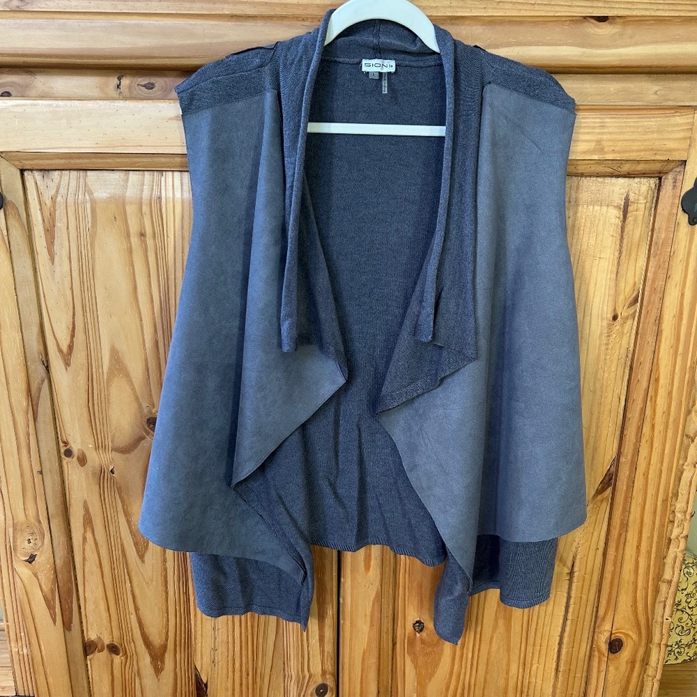 SIONI Sleeveless‎ Cardigan Gray Blue Faux Suede Knit Women's Size Large
